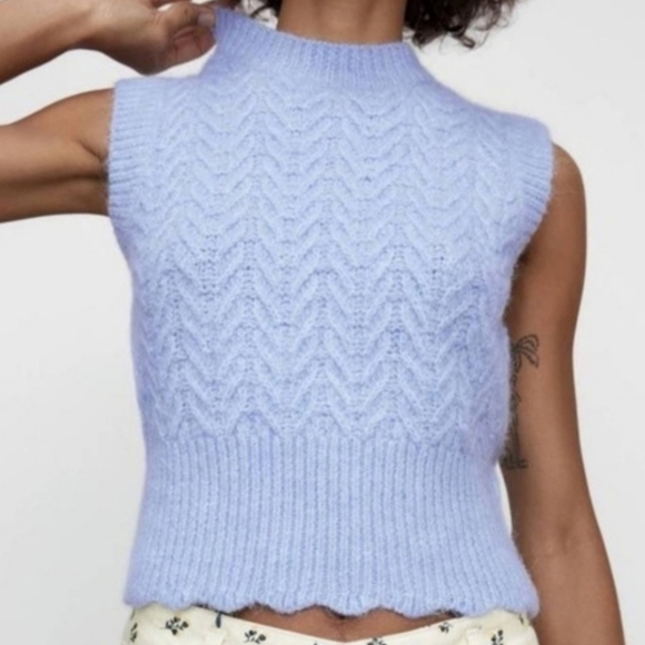 Zara Cable Knit Sweater Vest Preppy Cozy Wool Alpaca Blend Light Blue Small - Picture 4 of 13